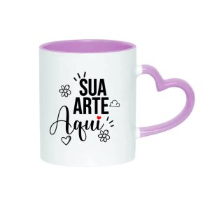 Caneca de cerâmica branca com alça coração e interior rosa